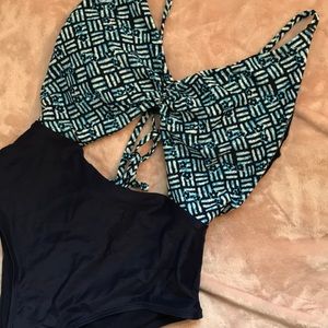 Aerie cut out one piece suit; blue print
